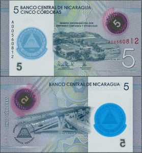 Nikaragua - 5 cordobas 2019 * W219 * 60 lat Banku * polimer